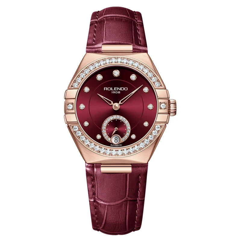 ROLENDO Constellation Automatic Watches for Women 33mm Burgundy Leather Strap Calendar Display Seagull Movement 3ATM Watch Gift