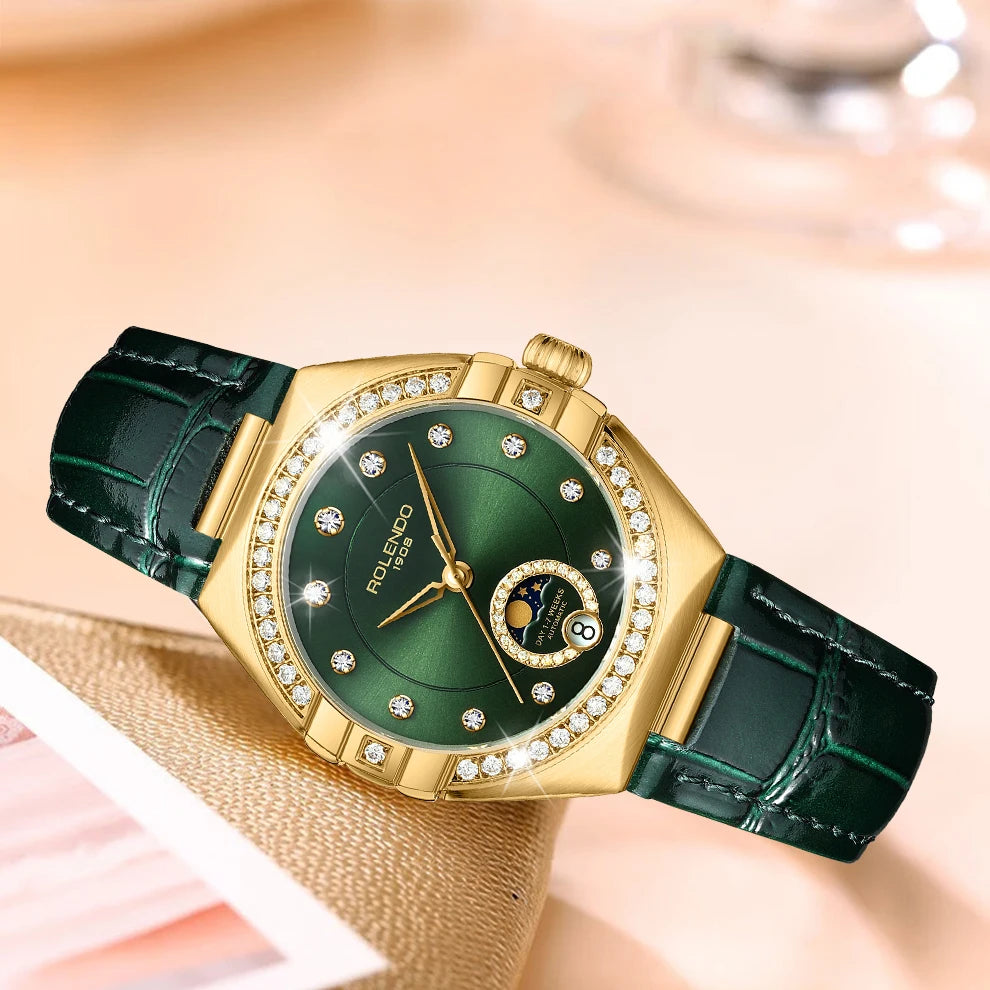 ROLENDO Diamond-Set Automatic Watches for Women Secret Emerald Sun-patterned Dial Date Waterproof Constellation Style Wristwatch