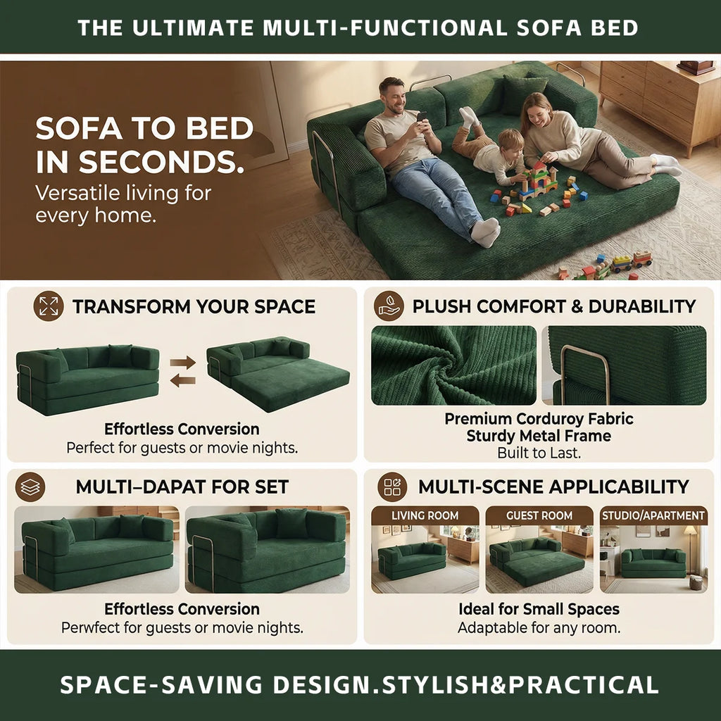 Queen Size Futon Sofa Bed 79' Convertible Couch 4-in-1 Folding Corduroy Boneless Sleeper Loveseat for Living Room