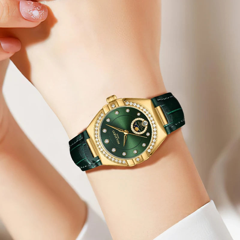 ROLENDO Diamond-Set Automatic Watches for Women Secret Emerald Sun-patterned Dial Date Waterproof Constellation Style Wristwatch