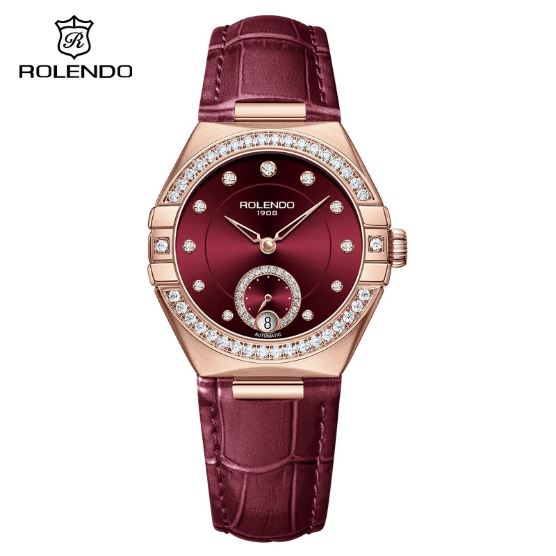ROLENDO Constellation Automatic Watches for Women 33mm Burgundy Leather Strap Calendar Display Seagull Movement 3ATM Watch Gift