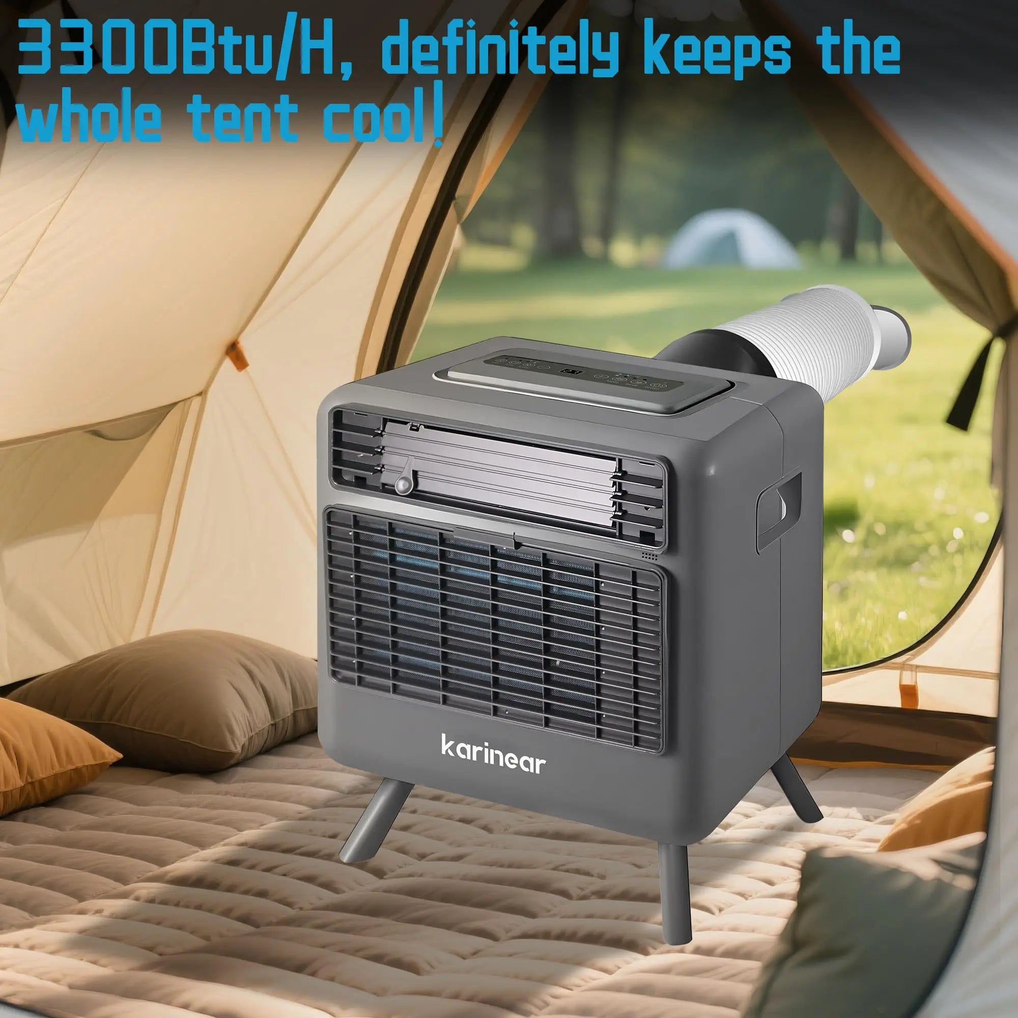 Portable Air Conditioners for Camping, Tent Air Conditioner, 3300BTU, 436W AC Unit Fast Cooling Down to 60°F, 3 Cooling Modes, 24 Hour Timer, Suitable for Camping, RVs, Outdoors and Indoors