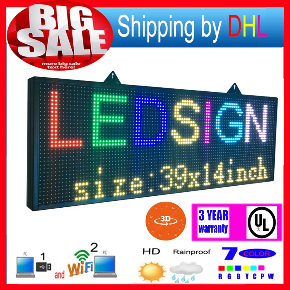 Wifi Wireless Control Led Rolling Display P10 RGB Outdoor 7-color 3D Effects Led Signs 39x14inch Programmable Display Panel
