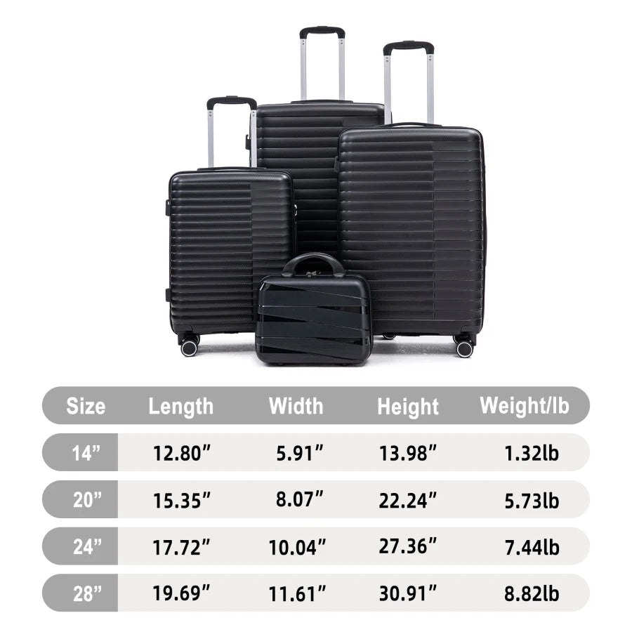 Carry on suitcase set for travel: PP spinner wheel luggage in black, 14/20/24/28, iron pull rod, combination password lock, inc
