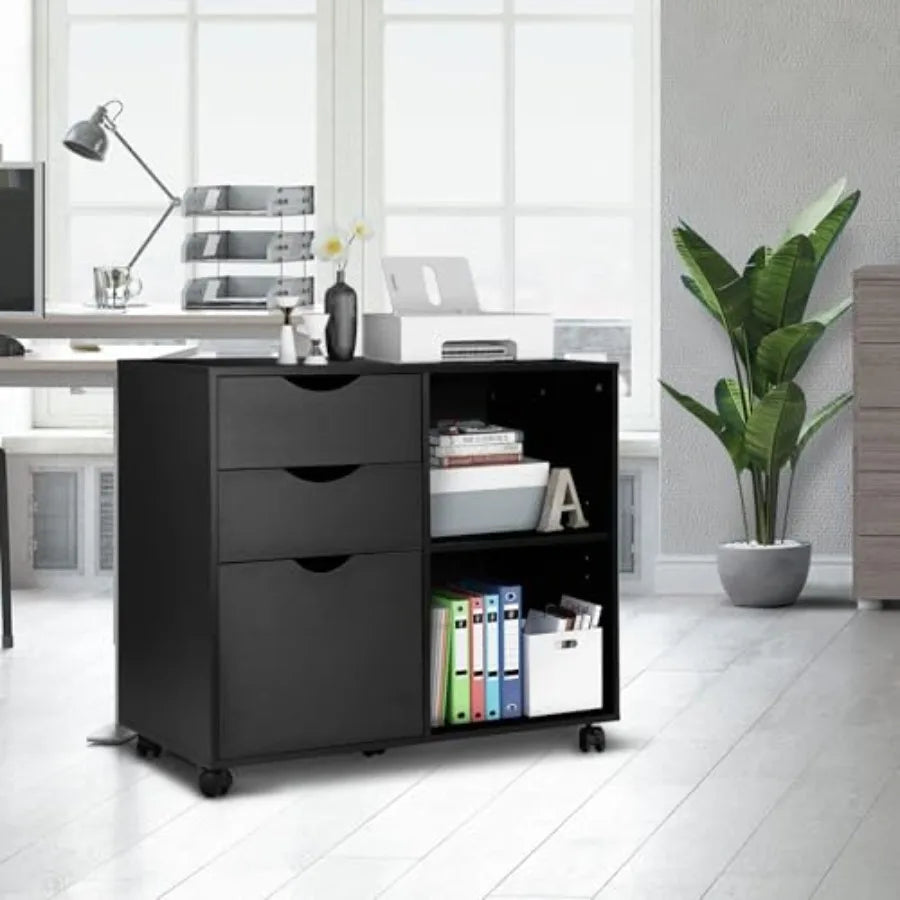 3-Drawer with Shelf Wood File Cabinet Mobile Lateral Filing Cabinet with Rolling Wheel Printer Stand and Open Adjustable Storag