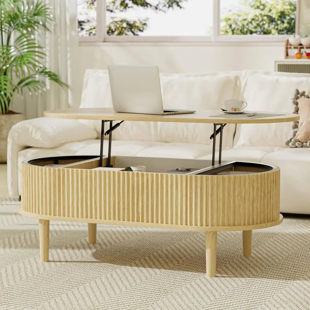39 Inch Oval Storage Coffee Table with Hidden Compartment, Fully Assembled Wooden Center Table for Living Room or Office, Natura