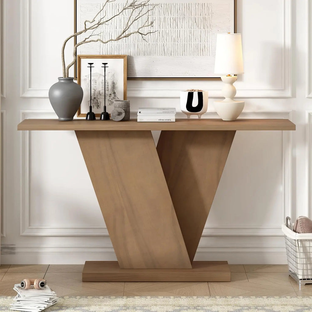 V-Shaped Base Console Table Natural Wood Veneer Entryway Hallway Living Room 59.8" W X 14.2" D X 33.8" H, Customized
