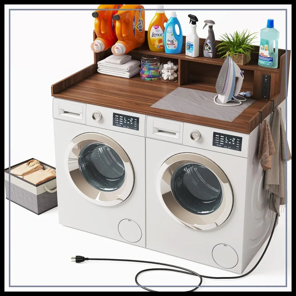 Upgraded 2-Tier Washer & Dryer Countertop with Outlet, 54"W x 27.6"D Large Laundry Topper, Non-Slip Pads & Hooks