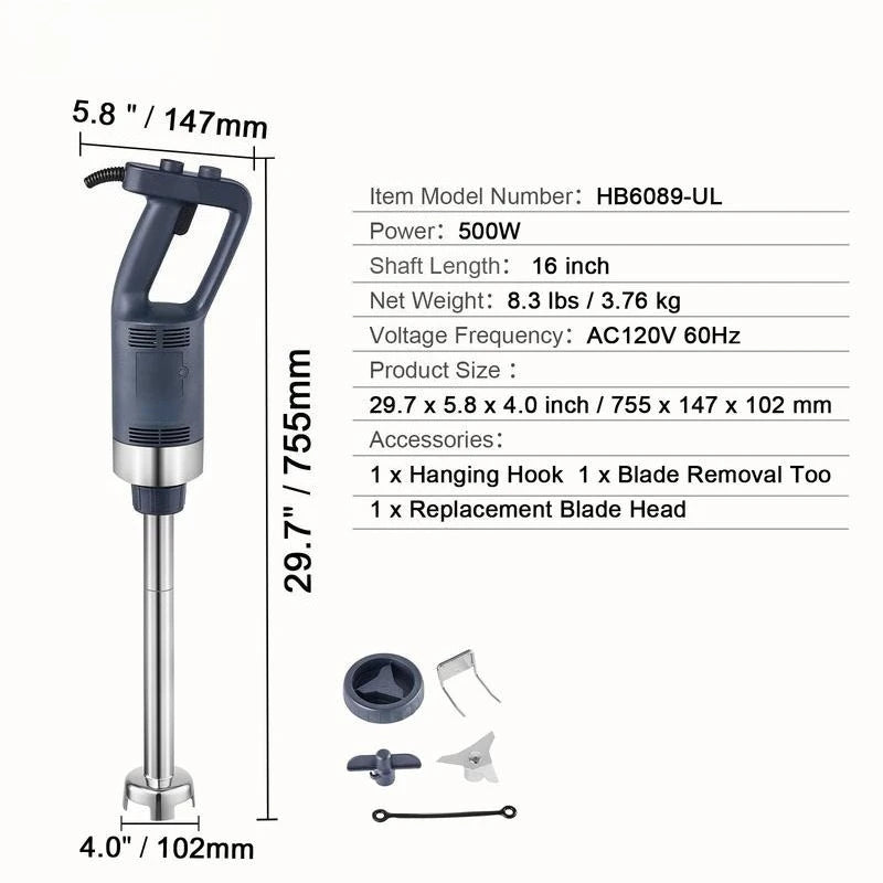 Commercial Immersion Blender, 500W Heavy Duty Hand Mixer, 16 inch Stepless Variable Speed Mixer with Stainless Steel Blade, Multi-Purpose Portable Mixer for Soup, Sauces, Mashed Potatoes, Cream