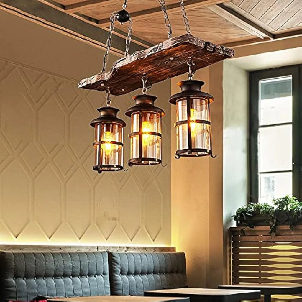 3-Light Rustic Kitchen Island Pendant Lamp Farmhouse Wood Iron Chandelier Industrial Ceiling Hanging Light with Glass Lampshade