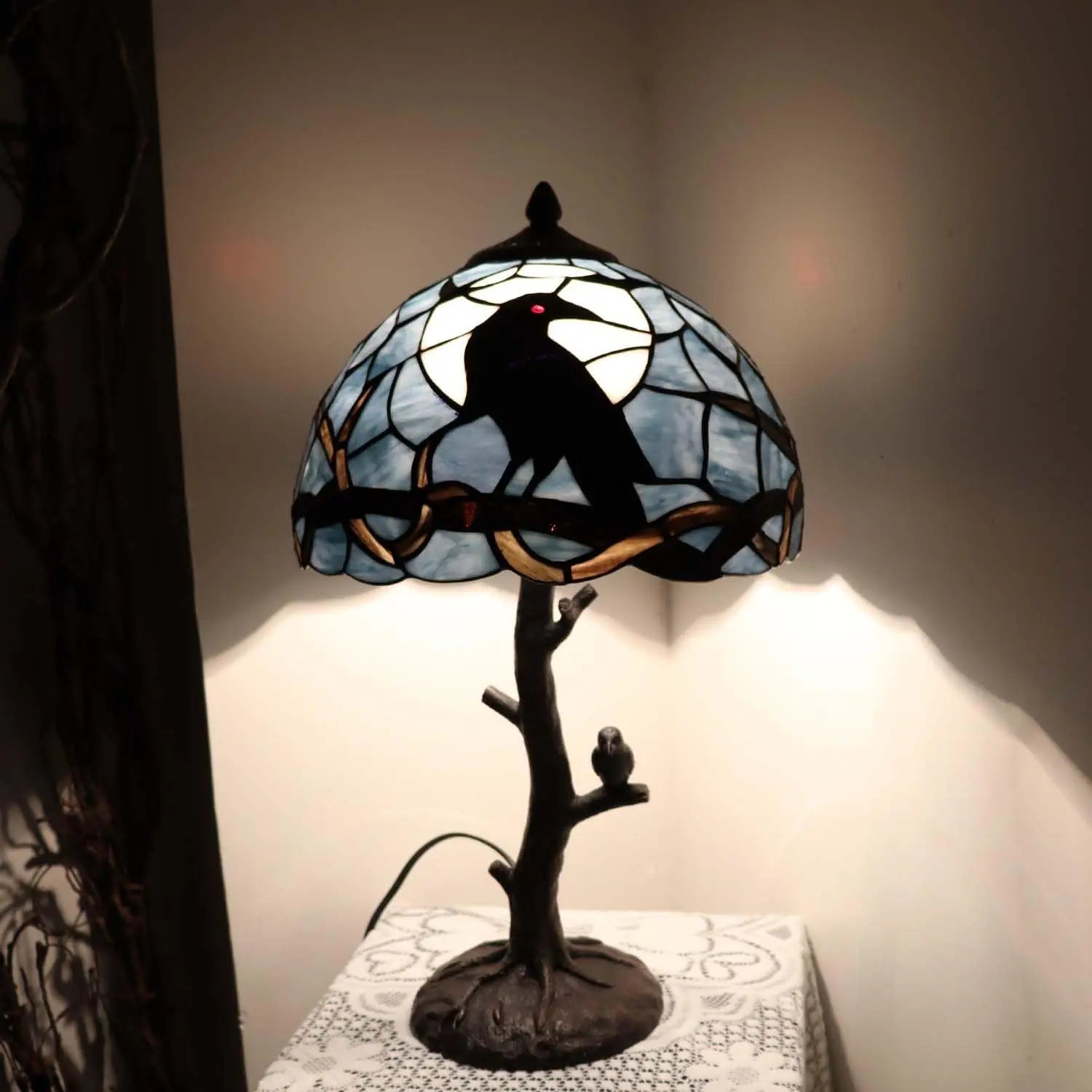 Tiffany Style Stained Glass Table Lamp with Raven on Tree Branch, Dark Blue for Home Decor