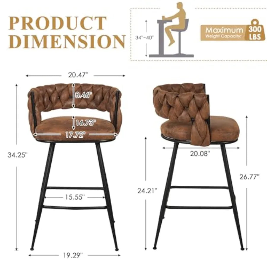 Bar Stools Set of 2 Counter Height Bar Stools with Woven Back and Footrest for Kitchen Island Counter Brown
