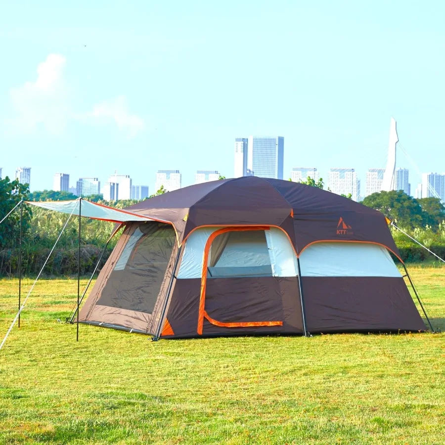 Extra Large Tent 6-10-12-14 Person Style-B Family Cabin Tents with 2 Rooms 3 Doors and 3 Windows Featuring Mesh Panels Straight