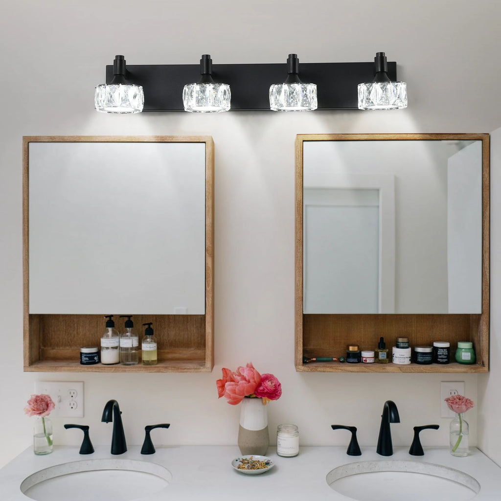 4-Light LED Vanity Light Modern Matte Black Fixture with Crystal Glass Shades, Bathroom Wall Sconce for  Contemporary Home Deco