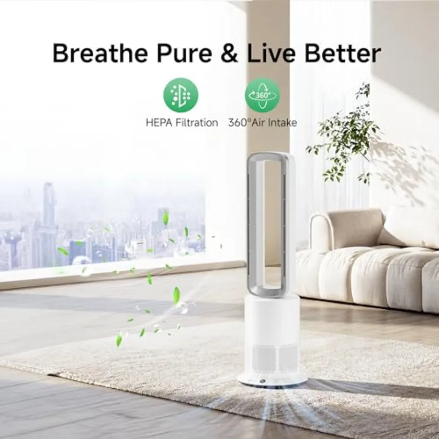 TP09Pro Commercial Bladeless Tower Fan 3-in-1 Air Purifier Space Heater Cooling Fan with Remote Control HEPA H13 Filtration for