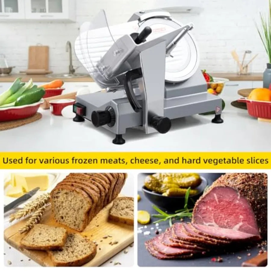 10 Inch Electric Meat Slicer 670W Dual Power Fully Automatic Food Slicer with Stainless Steel Blade 0-16mm Adjustable Thickness