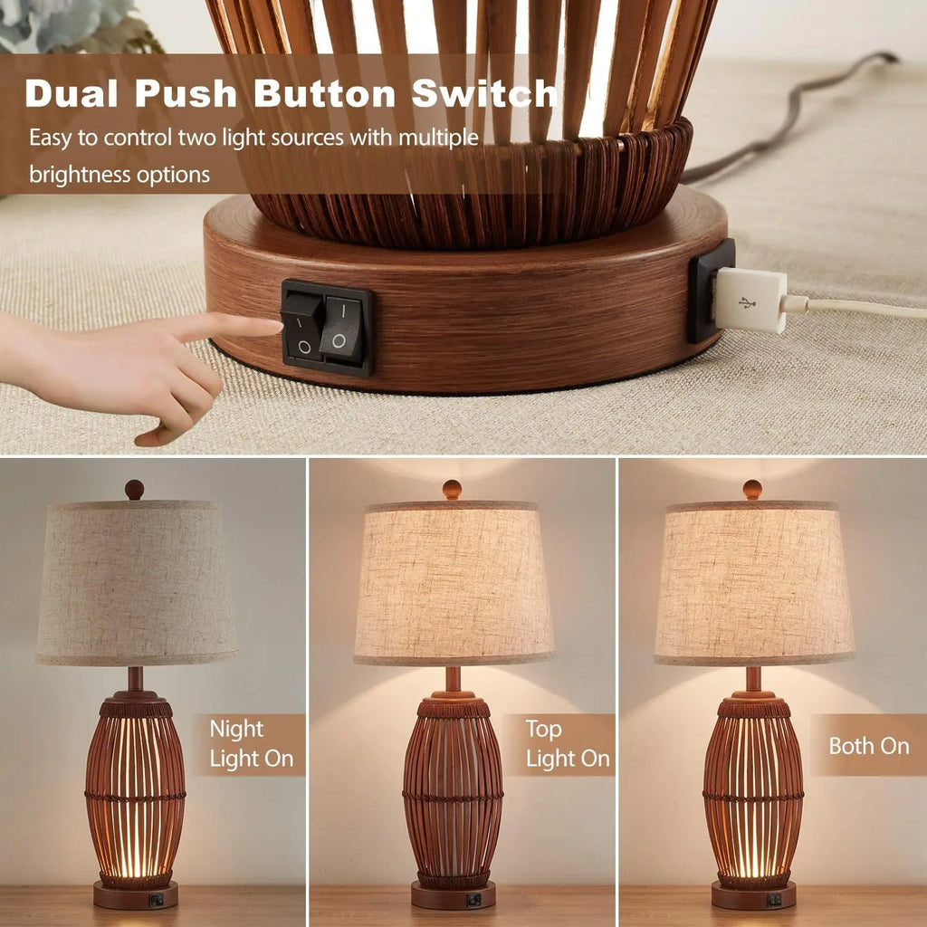 27" Vintage Bamboo Woven Table Lamps Set of 2 with Nightlight, USB A+C Ports and Bulbs Included for Bedroom Living Room
