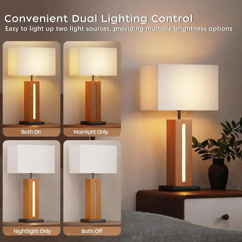 Set of 2 Modern Dimmable Bedside Lamps with LED Nightlight, Rustic Square Wood Grain Nightstand Lamps with Linen Shades for