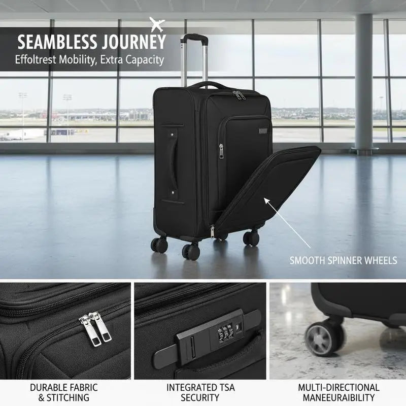Expandable Softshell Trolley 24-Inch For Business Travel Family Vacation Overseas Study, Medium Checked Suitcase Built-in TSA Lock Multi-directional Spinner Wheels Black Polyester Fabric