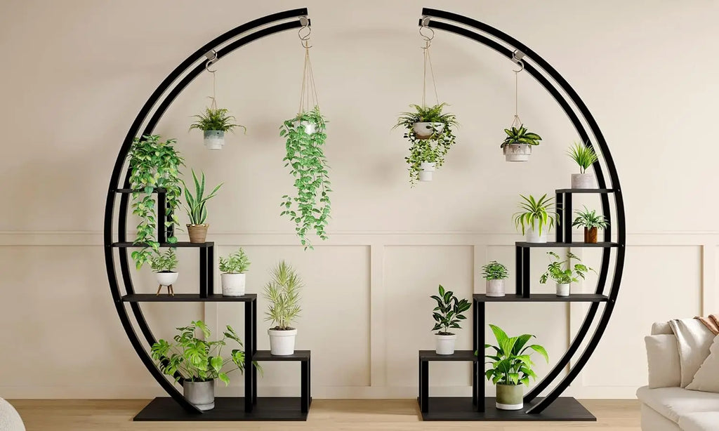 5-Tier Tall Metal Plant Stand, Half Moon Flower Pot Shelf - Multi-Level Indoor & Outdoor Corner Display Rack with Hanging