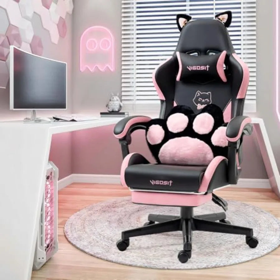 Cat Ears PU Leather Gaming Chair Ergonomic Adjustable Office Desk Computer Chairs for Gamers Adults 360 Degree Swivel Recliner