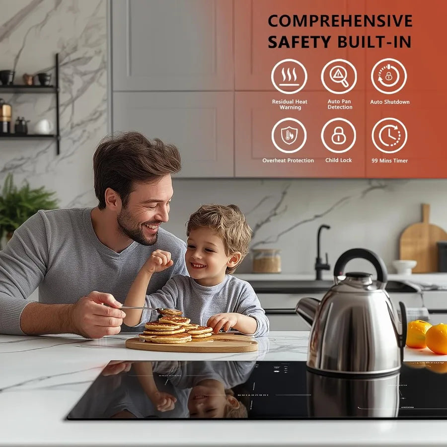 30 Inch Induction Cooktop - 4 Burner Built-In Electric Stove with Bridge-SYNC Booster Timer Child Lock 9000W 220-240V Hardwired