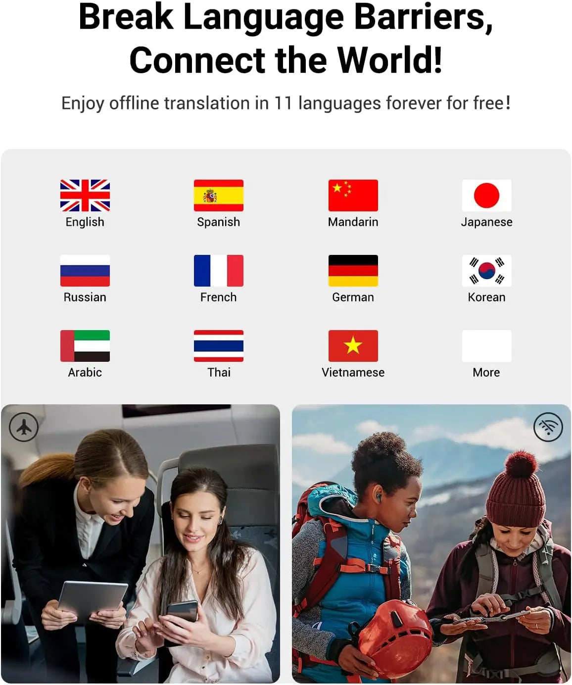 Real-Time AI Translation Earbuds, 144 Languages, 5 Modes for Travel Business Learning - Black