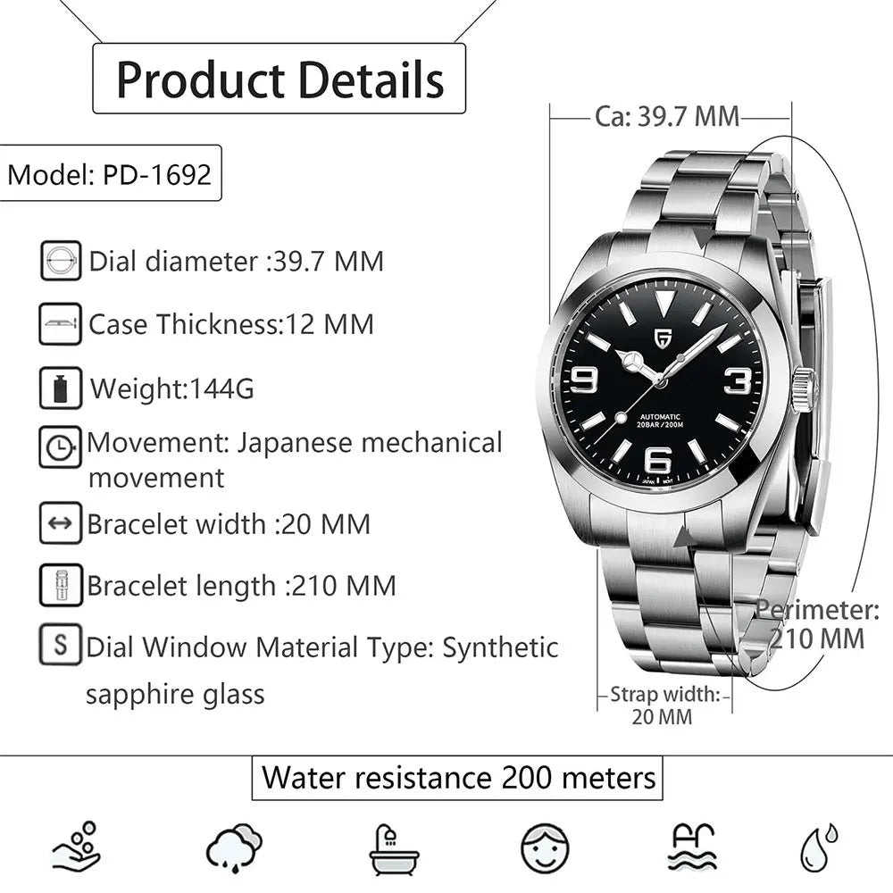 PAGANI DESIGN New Men Mechanical Watch AR Sapphire Glass Automatic Watch Stainless Steel 20bar Waterproof Wristwatch Men PD-1692