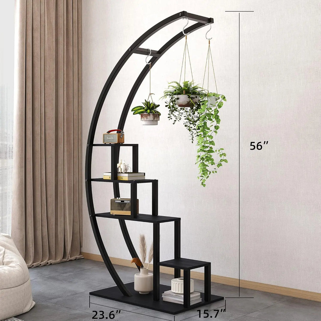 5-Tier Tall Metal Plant Stand, Half Moon Flower Pot Shelf - Multi-Level Indoor & Outdoor Corner Display Rack with Hanging
