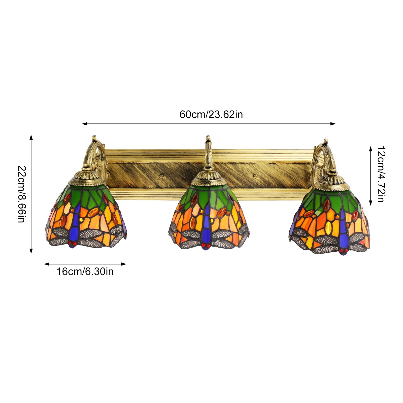3-light Dragonfly Patterns Wall Lamp with 3 Standard E27 Lamp Holders and Colorful Glass Lampshades for Living Rooms, Cafes