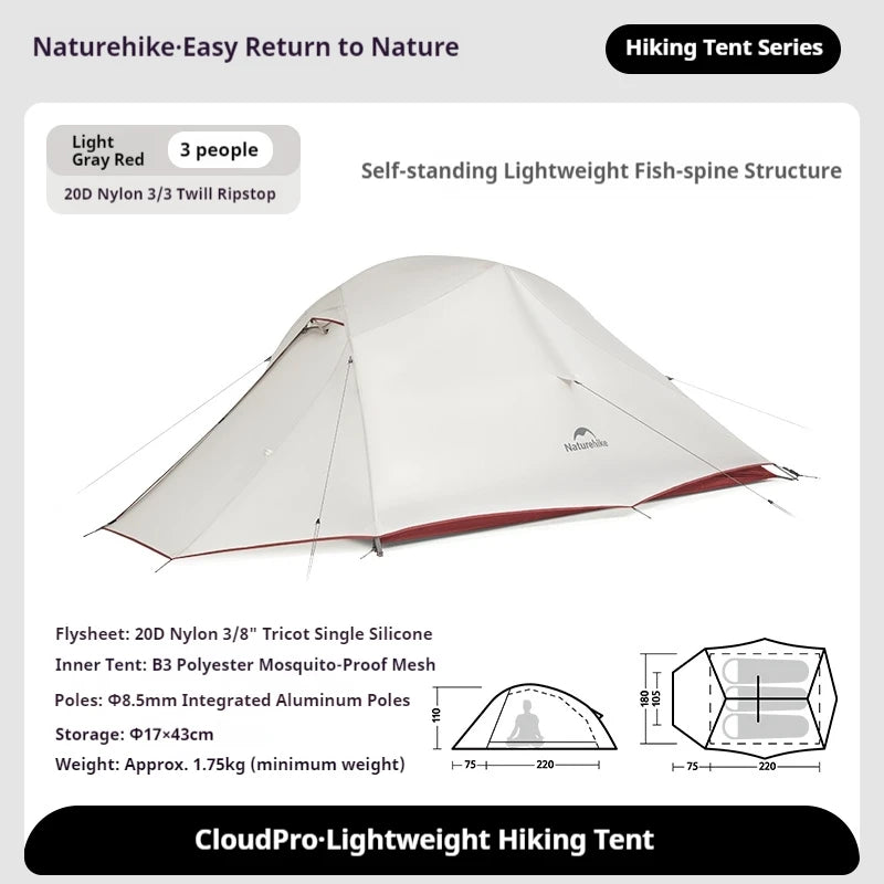 Naturehike Cloud Up Pro Hiking Tent Portable Outdoor Camping Tent 20D Nylon Waterproof Windproof Lightweight Tent for 3 Person