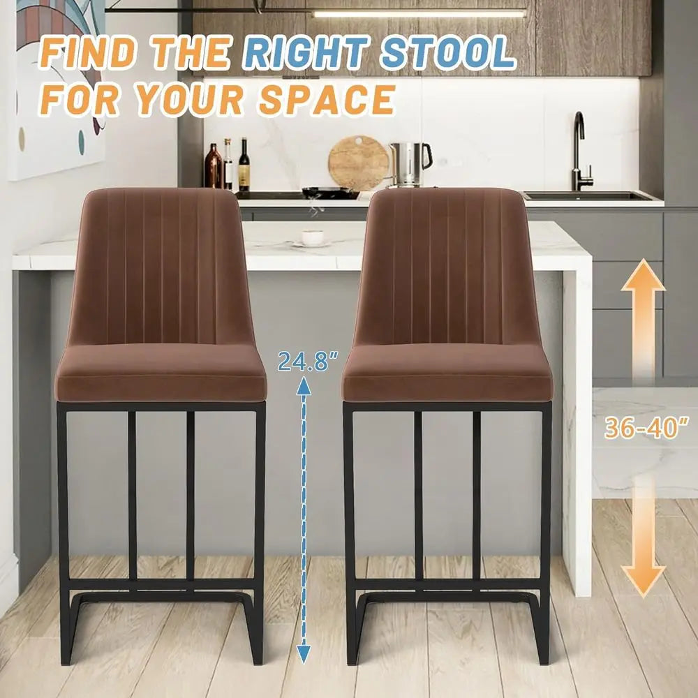Set of 4, 24.8 Velvet Upholstered Counter Height Bar Stools with Footrests and Black Metal Legs, Brown