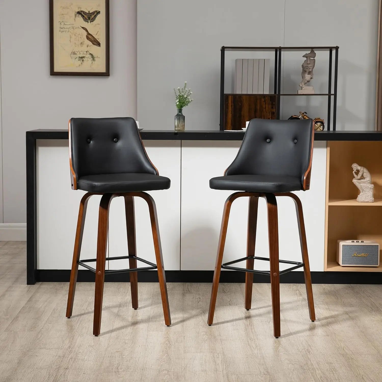 Bar Height Bar Stools, PU Leather Swivel Barstools with Footrest and Tufted Back, Set of 2, Customized