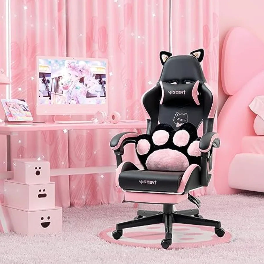 Cat Ears PU Leather Gaming Chair Ergonomic Adjustable Office Desk Computer Chairs for Gamers Adults 360 Degree Swivel Recliner