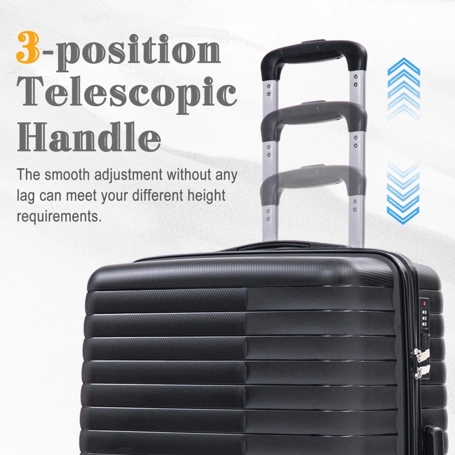 Carry on suitcase set for travel: PP spinner wheel luggage in black, 14/20/24/28, iron pull rod, combination password lock, inc