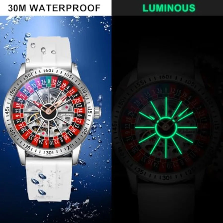Men's Watch Automatic Hollow Mechanical Roulette Wheel Design 30M Waterproof Casual Fashion Wristwatches for Men
