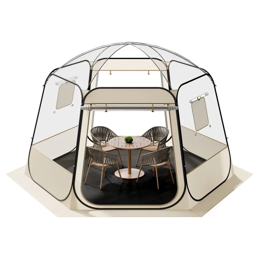 Pop up Bubble Tent for outdoor garden and patio use, made of waterproof UV-resistant clear PVC, transparent color, 540 panorami