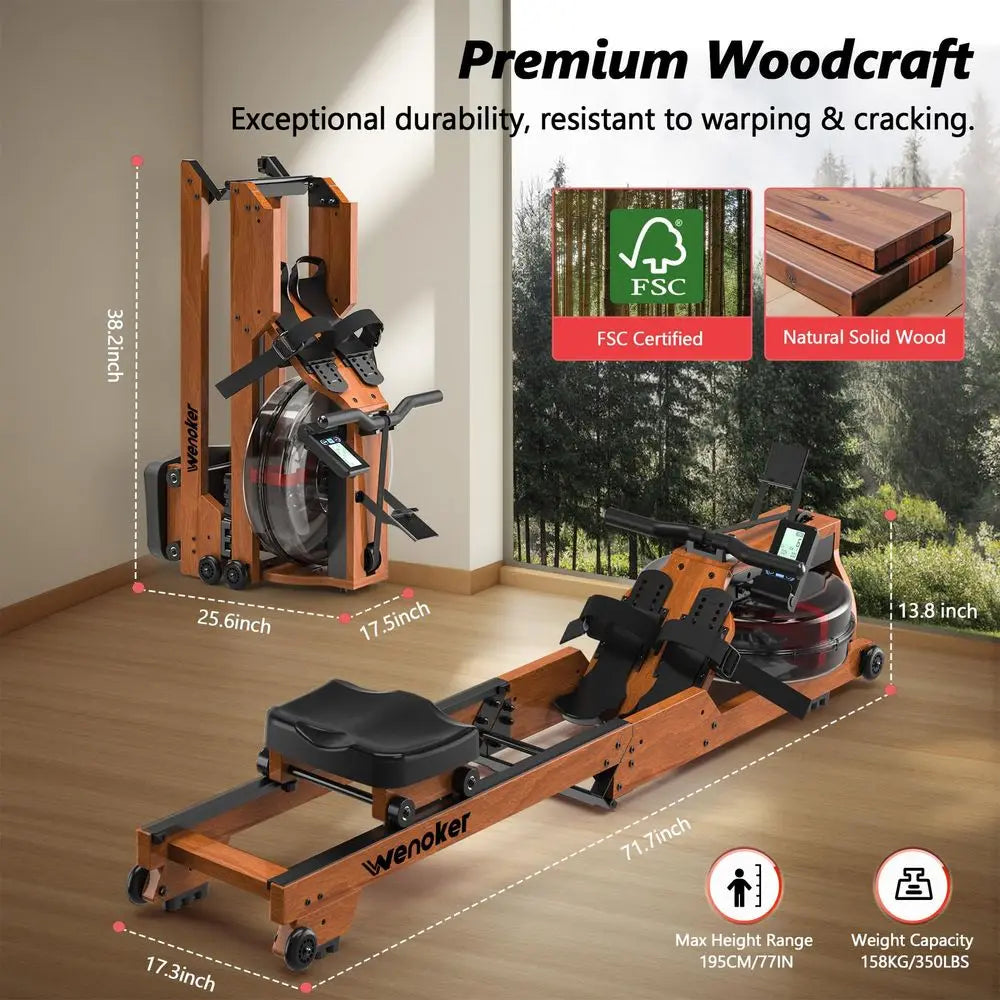 Rowing Machine for Home Use, Wooden Foldable Rower Machine with Dedicated Monitor amp Bluetooth APP, Large Water Tank amp Comfo