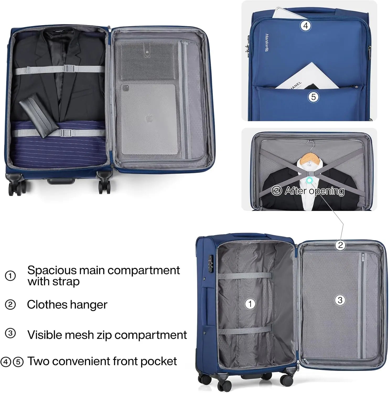 24 Inch Expandable Softside Checked Suitcases with Spinner Wheels, Upright Rolling Travel TSA Luggage Bag for Women Men (Blue)