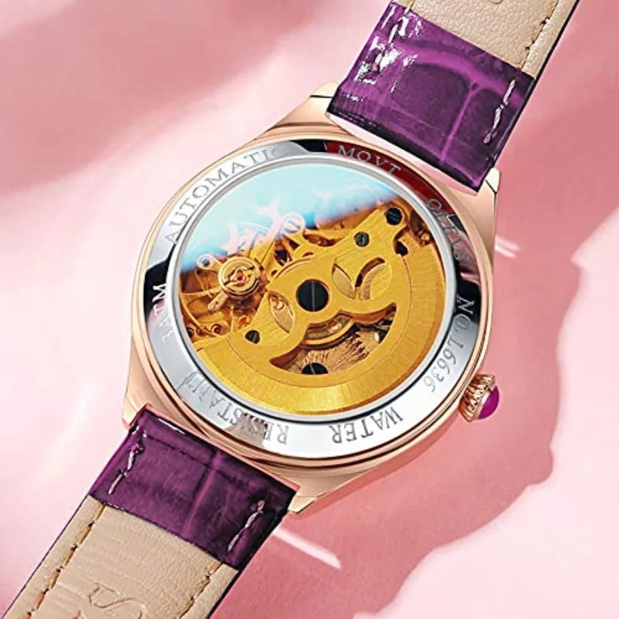 Watches for Women Automatic Ladies Watch Mechanical Leather Strap Self-Winding Diamond dial Waterproof
