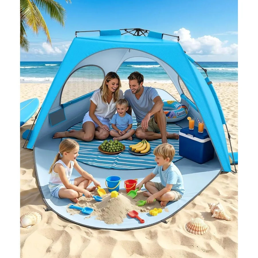 Beach Tent Sun Shelter for 5-6 Person, Polyester Fabric, Navy Blue, UPF 30+ UV Protection Breathable Mesh Windows