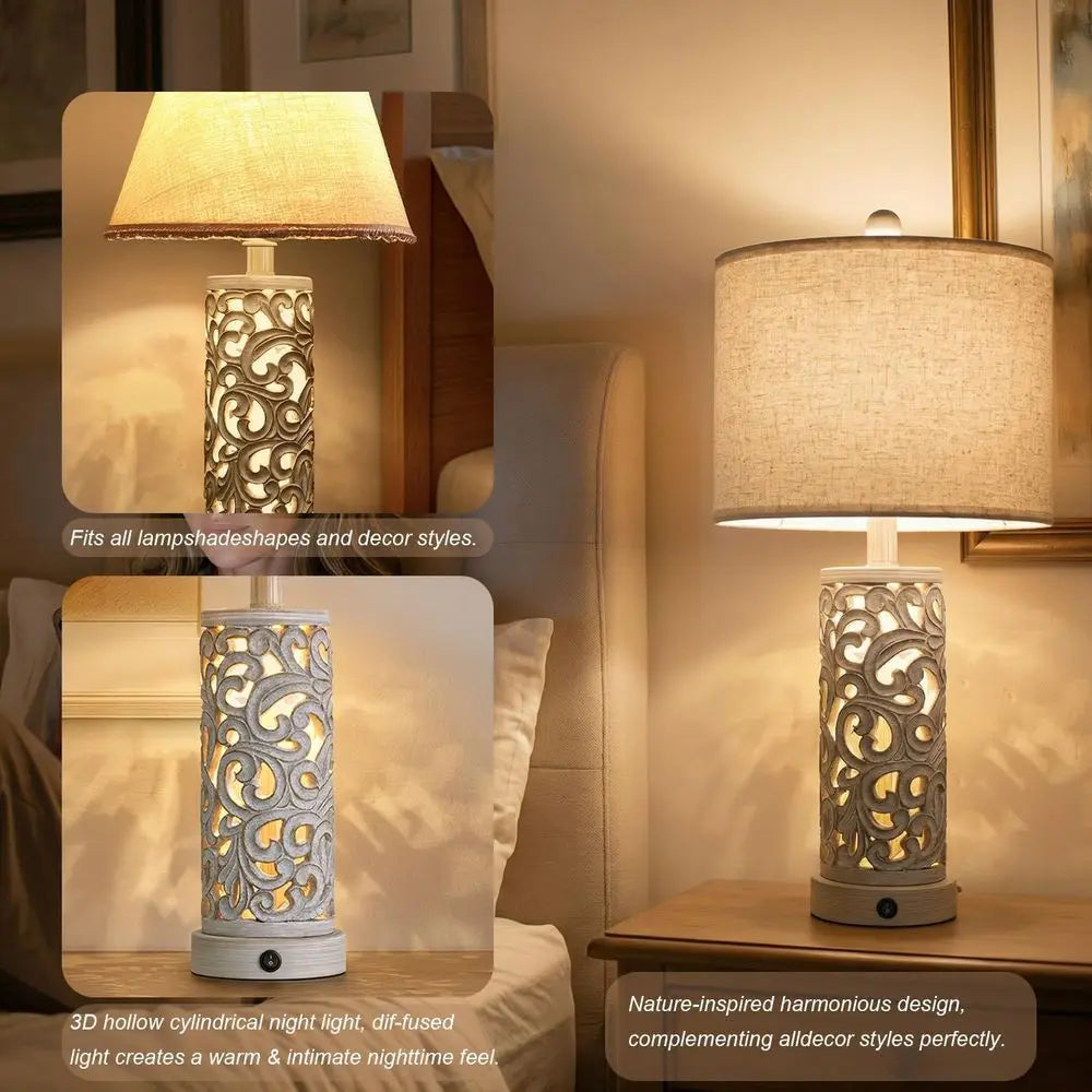 Vintage 2-Piece Table Lamp Set with USB and Night Light, 22 Arm, Bedroom and Living Room Lighting, Bulb Included