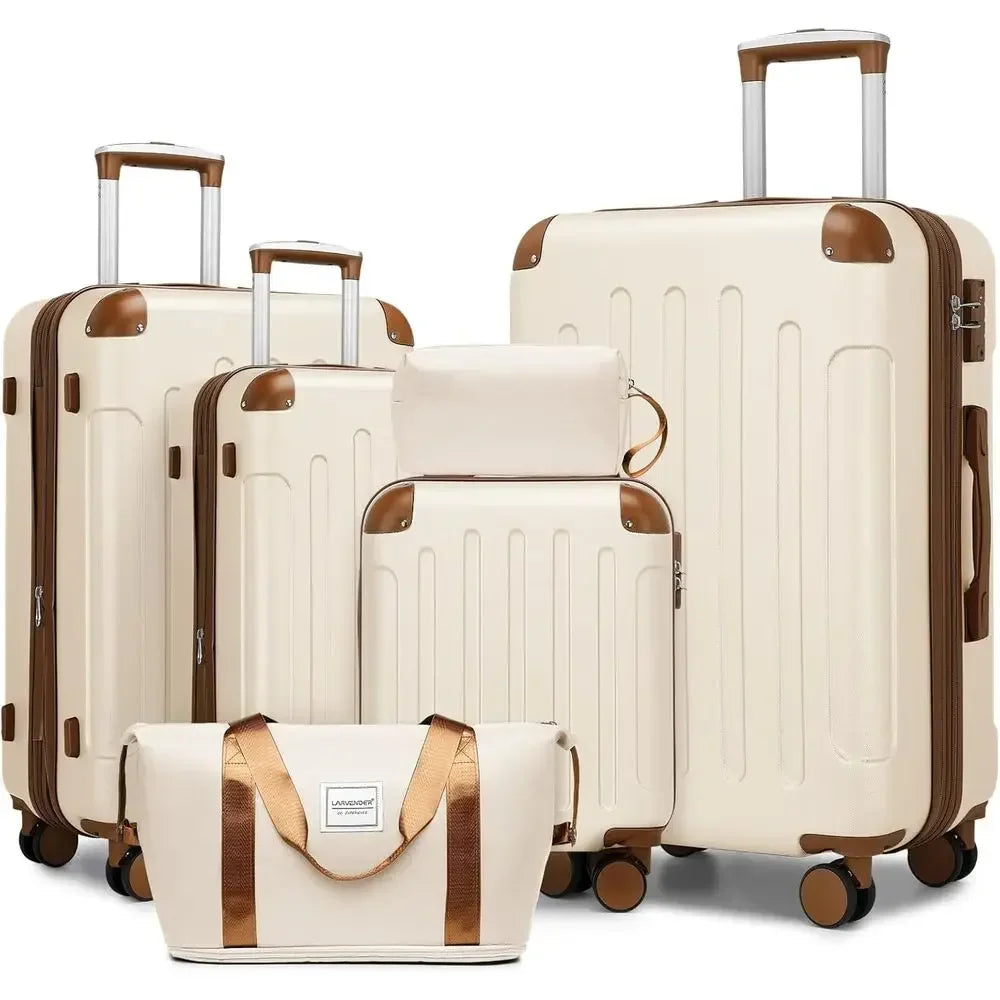 6-Piece Expandable Hard Shell Suitcase Set with TSA Lock and Double Spinner Wheels (White Brown)