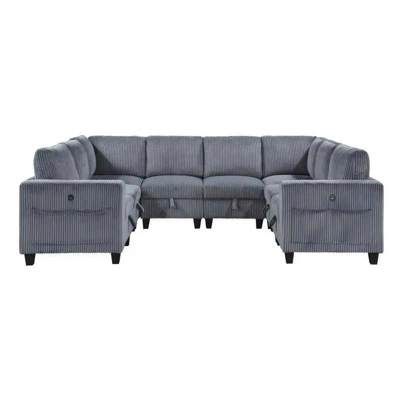 8-Piece Modular Sectional Sofa with Storage Seats, Side Pockets, Charging Ports, Dark Gray Corduroy Fabric, Modern Living Room