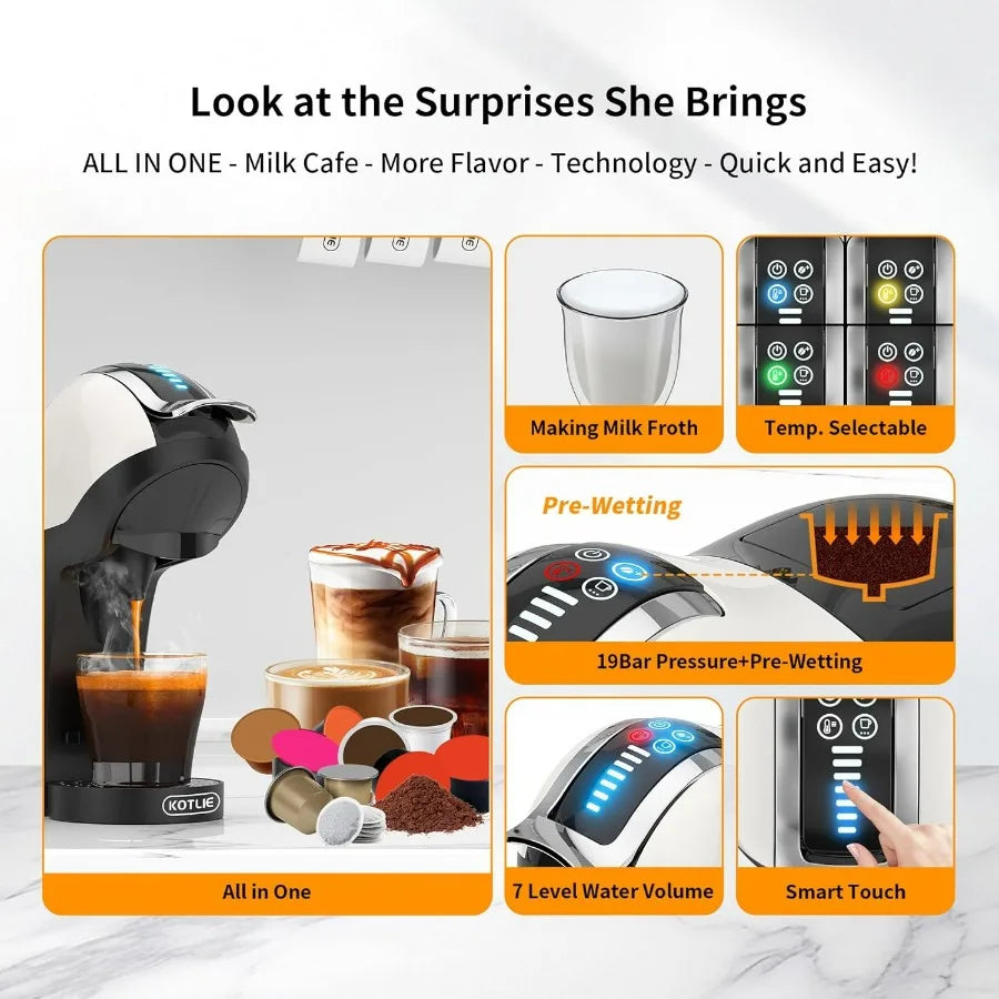Single Cup Coffee Maker, Multi Capsule Machine Compatible With Various Capsule Types, 4 Temperature Settings, 7 Water Volume Lev