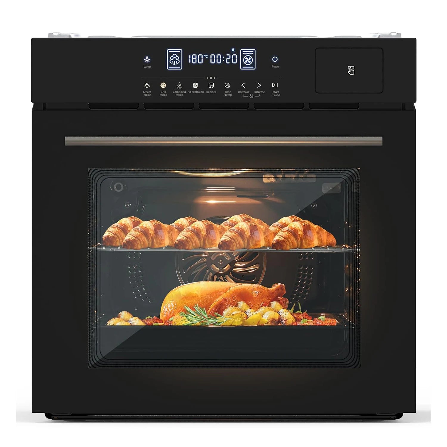 24Inch 70L Built-in Steam Oven, 240V 3000W Touch Control Air Fry Function 108 Smart Menus Wall Oven for Kitchen Baking Roasting