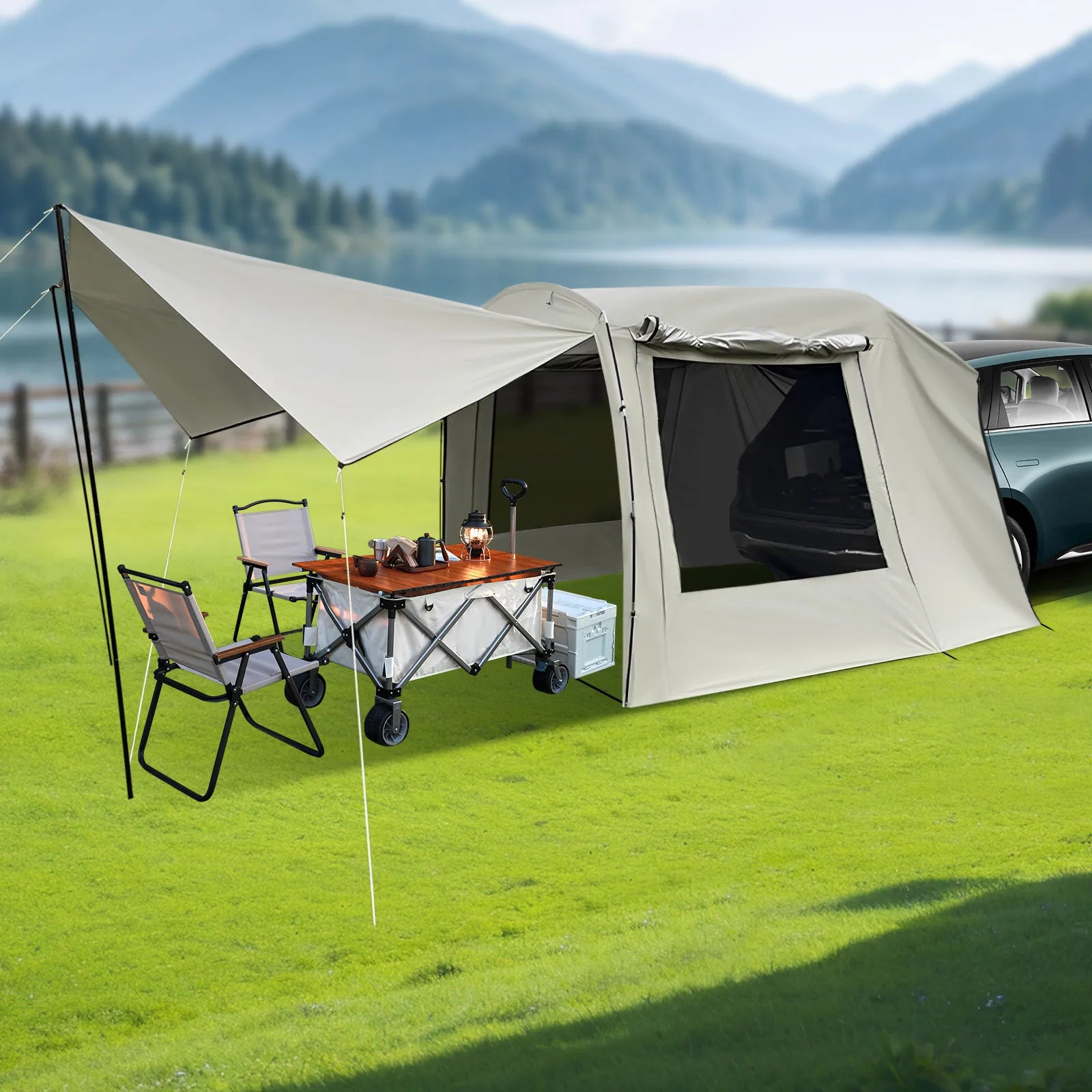 4.85*2.4*1.95m Car Awning Outdoor Tent Car 210T Polyester Fabric Tent Attachment for Camping Car Camping Tent