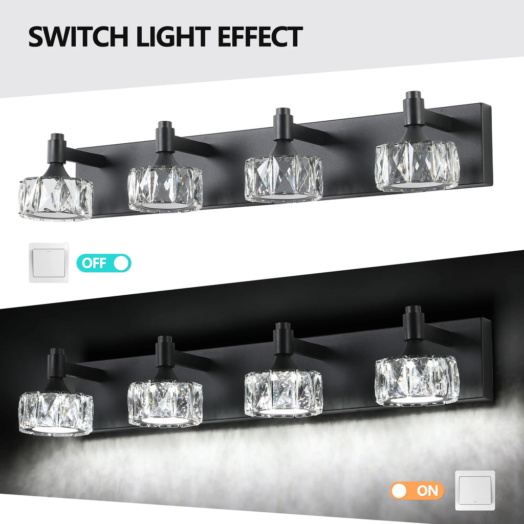 4-Light LED Vanity Light Modern Matte Black Fixture with Crystal Glass Shades, Bathroom Wall Sconce for  Contemporary Home Deco