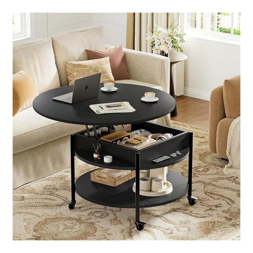 Desk, Round Lift Top Coffee Table With Wheels, Circle Center Table With Storage And Compartment, 26.77 Rolling Coffee Table Liv