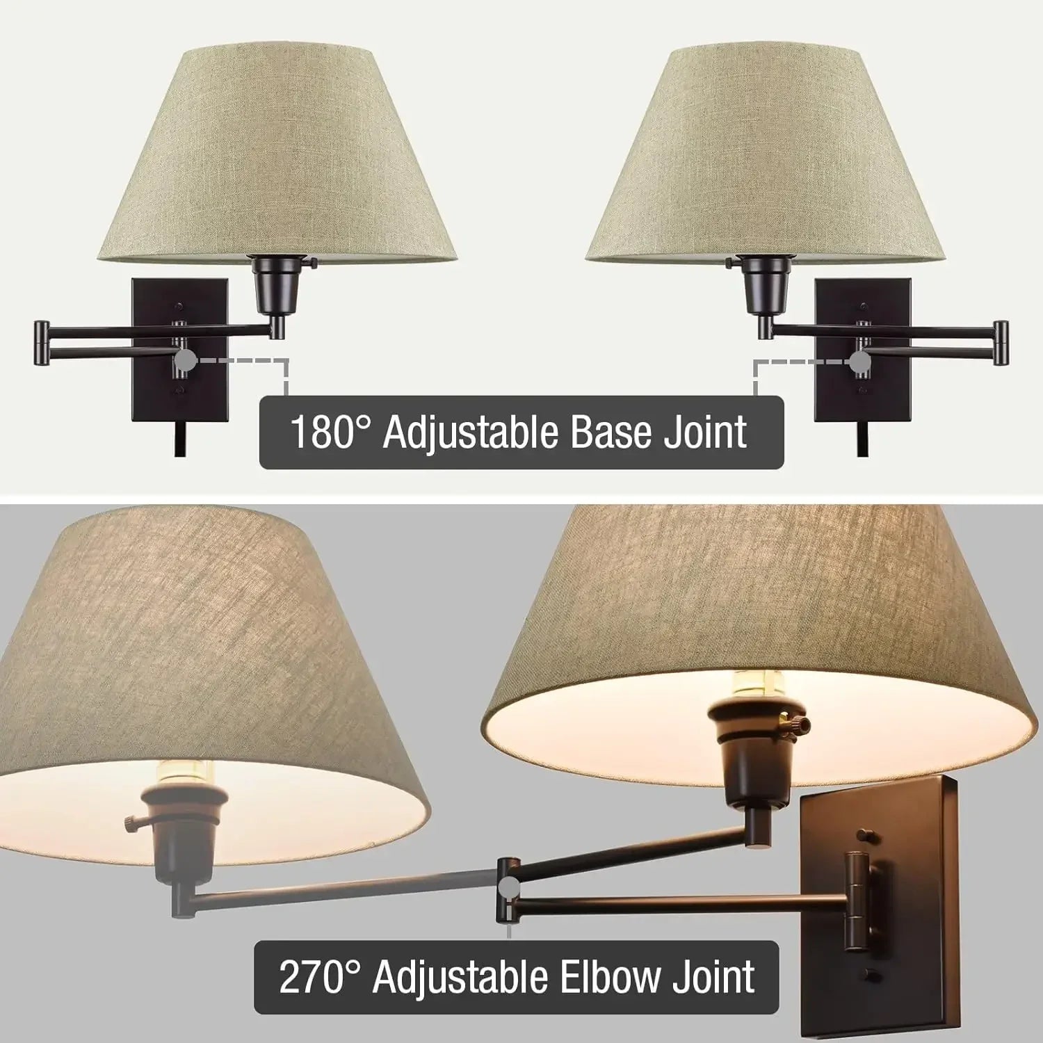 Cambridge 15" Swing Arm Wall Lamp - Plug in/Wall Mount + Latte Mocha Fabric Shade, 150W 3-Way + Cord Covers, Black Finish, 2-Pac